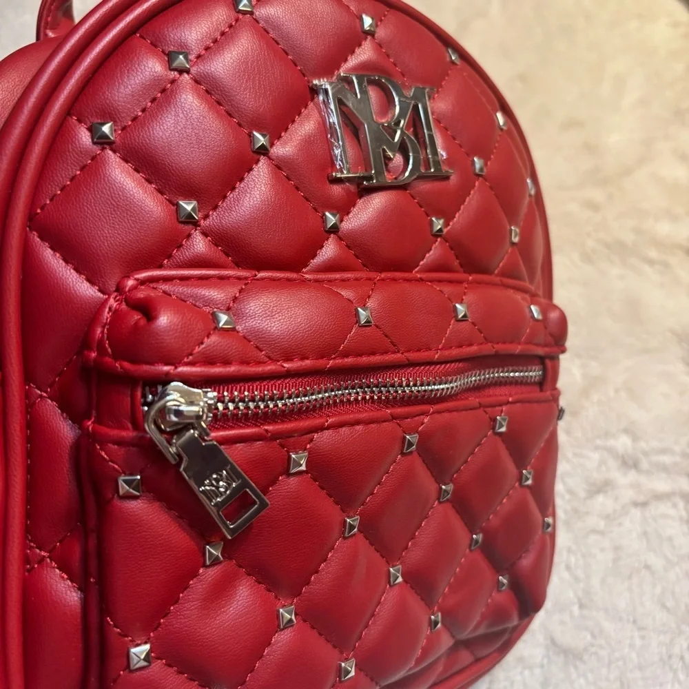 NWT Badgley Mischka Mini Backpack Red Quilted Silver Studded Vegan Leather New
